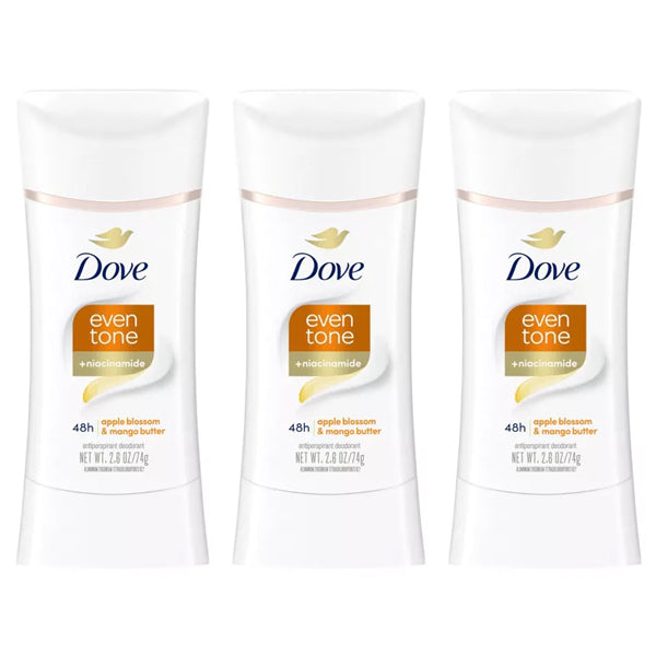 Three Dove Beauty Even Tone 48-Hour Deodorant sticks, Apple Blossom & Mango scent (2.6oz each), are displayed side by side against a white background—ideal for underarm skin restoration.